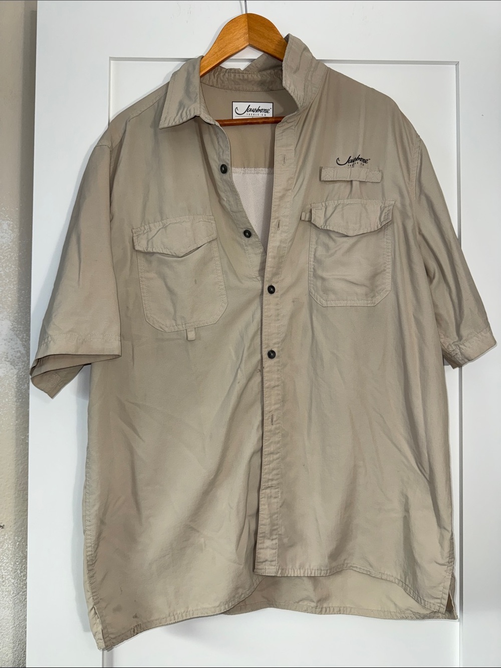 Jawbone Tackle Casual Short Sleeve Button-Down Shirt - Beige Sz LG